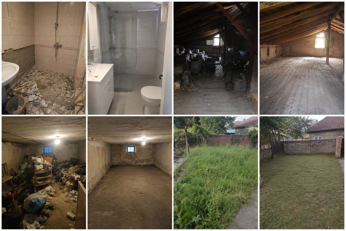 Grid of 8 photos showing before and after home renovation: bathroom, basement, attic, and yard transformations from cluttered to clean and restored